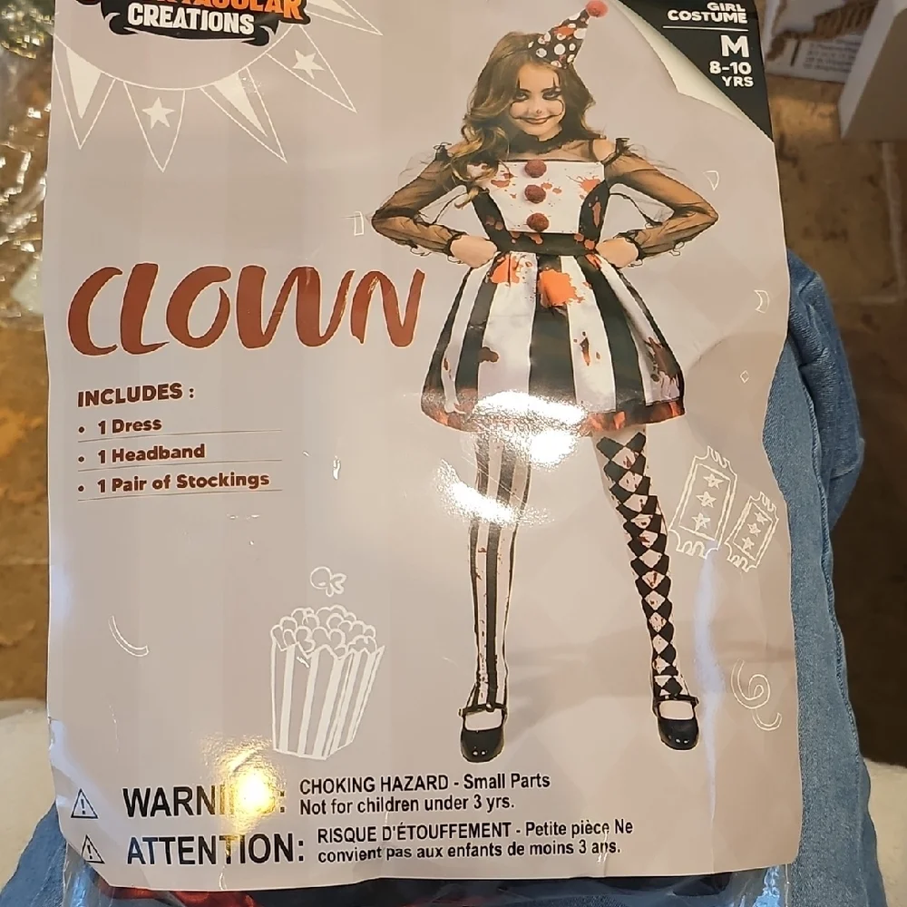 Creepy Clown Costume for Girls Dress, Stockings & Headband Size MED & Lrg